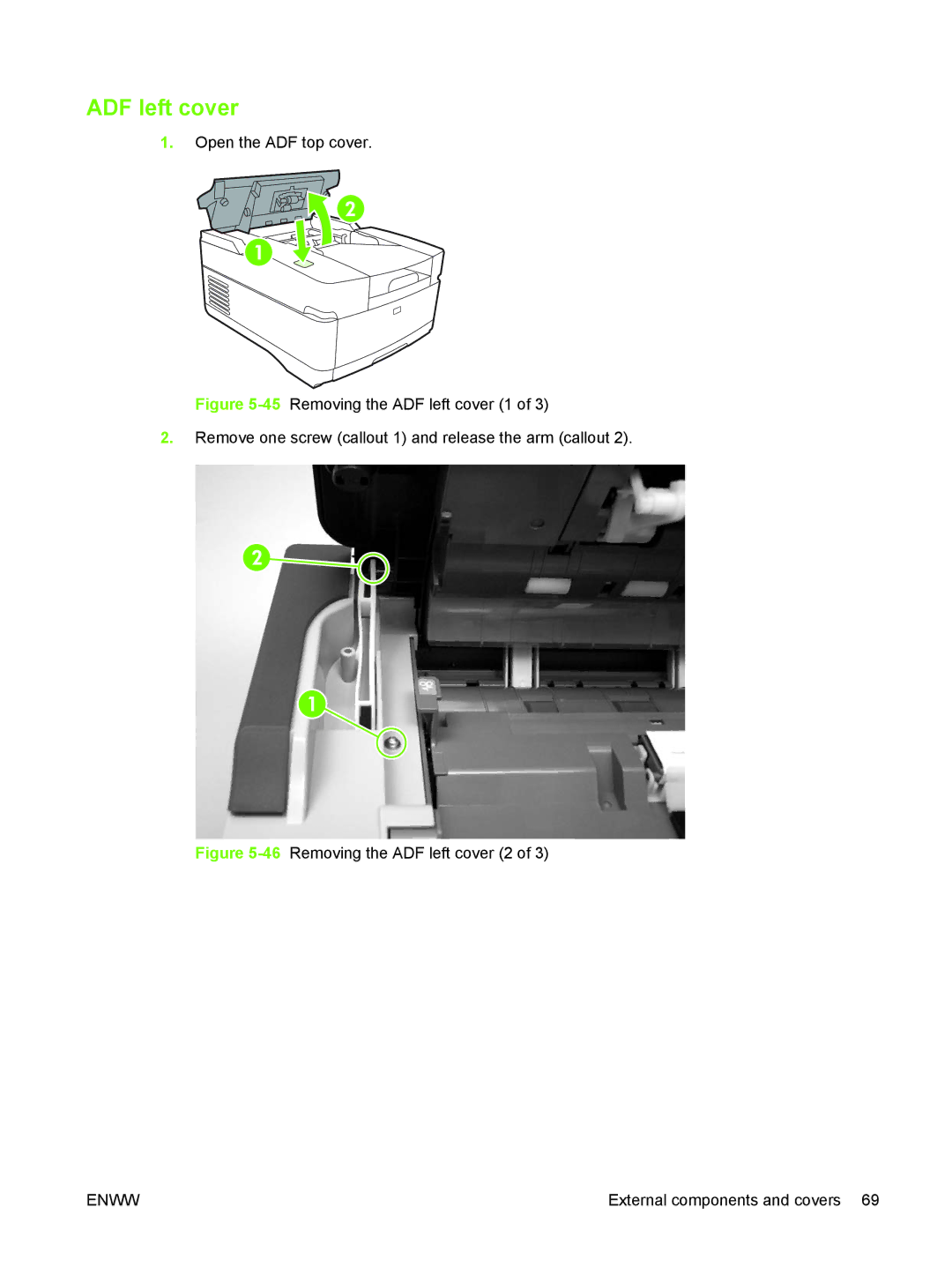 HP 9250C manual 46Removing the ADF left cover 2 