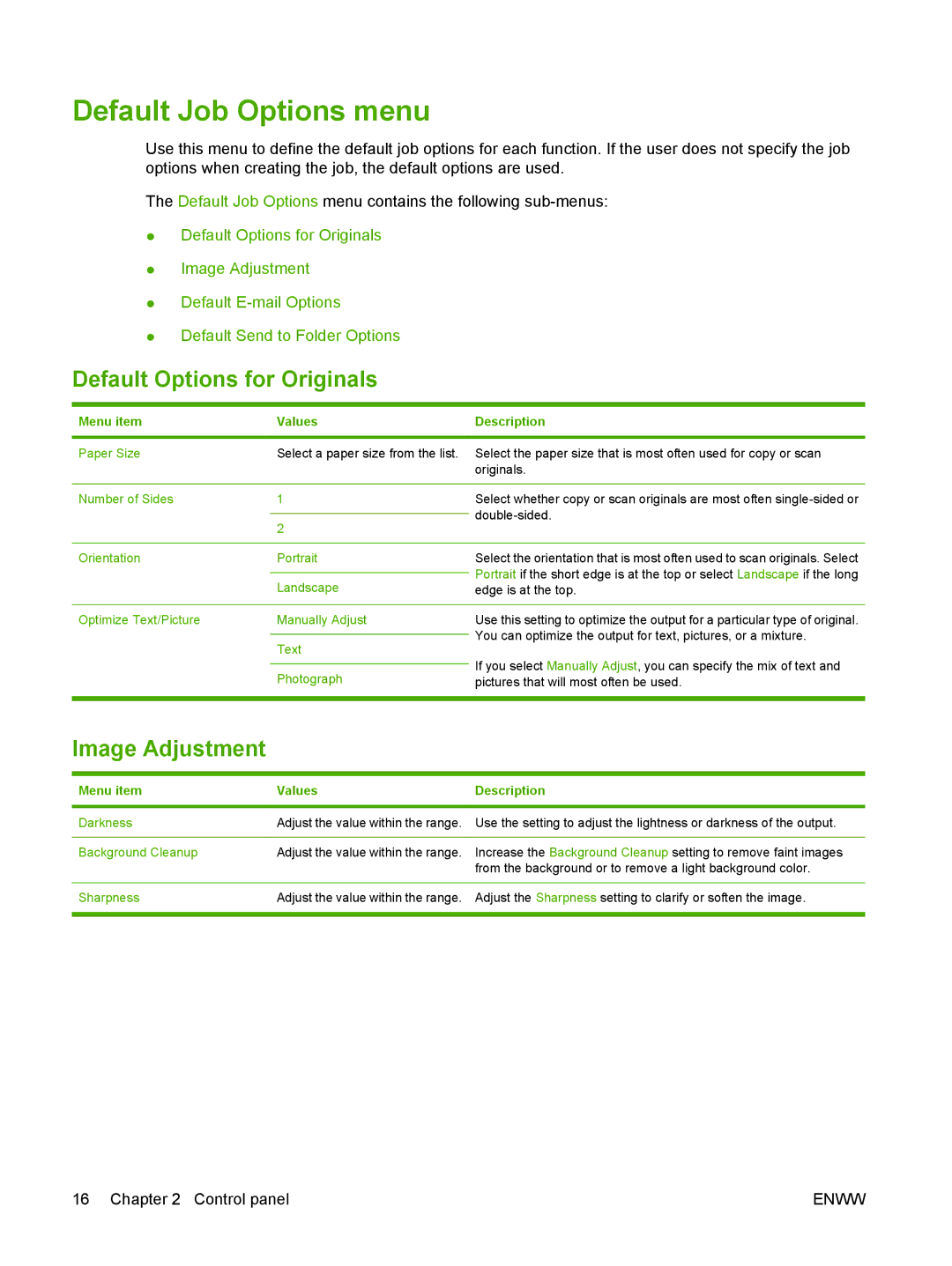 HP 9250C manual Default Job Options menu, Default Options for Originals, Image Adjustment, Menu item Values Description 