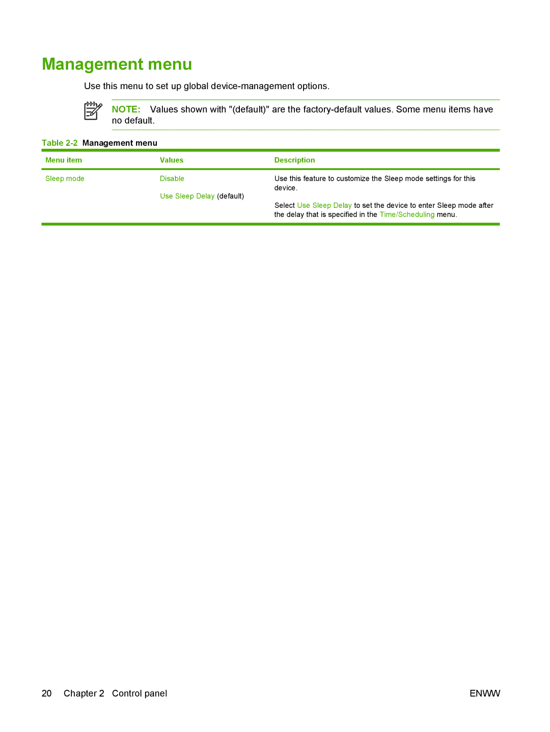 HP 9250C manual Management menu, Sleep mode Disable, Use Sleep Delay default 