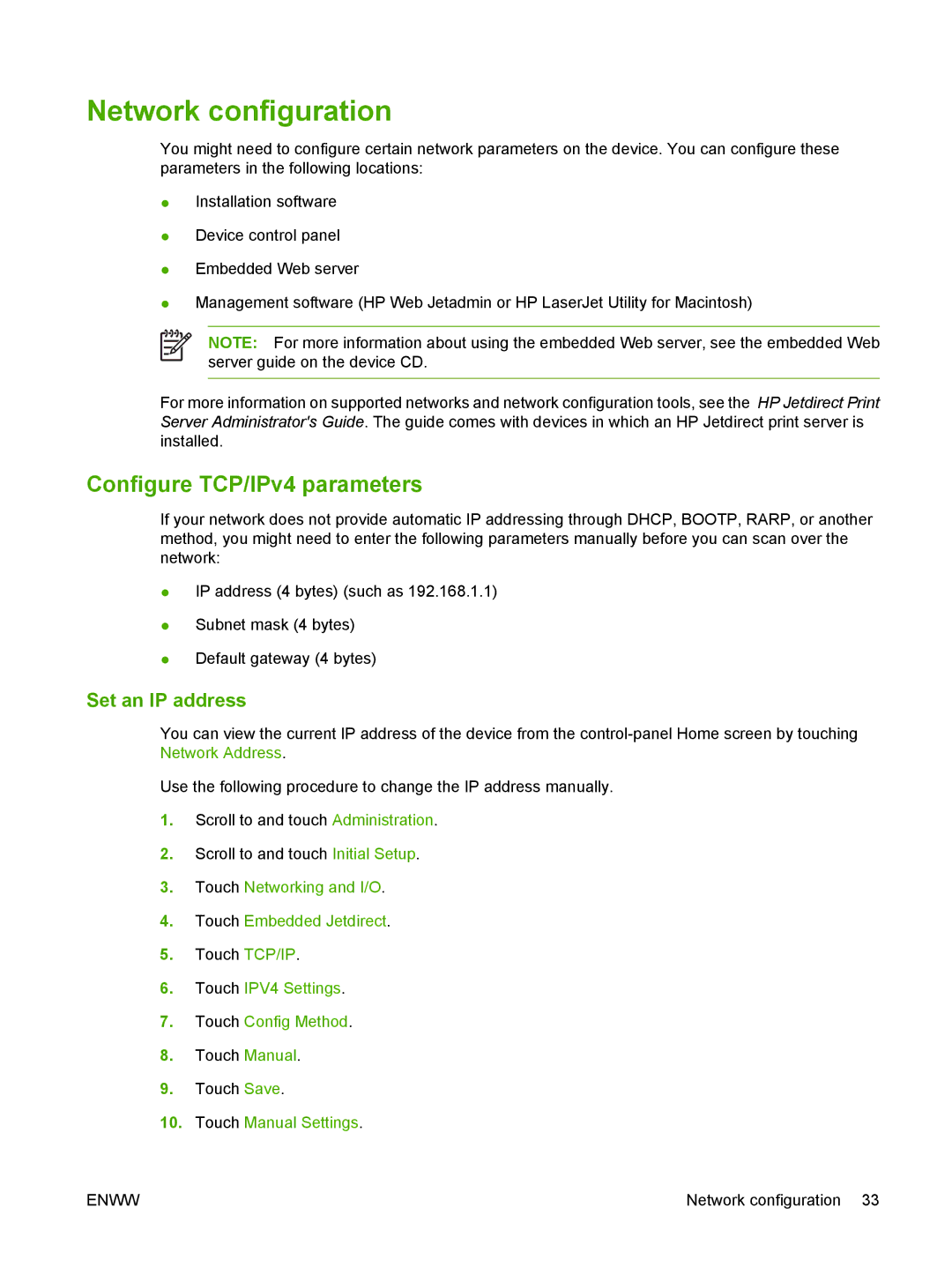 HP 9250C manual Network configuration, Configure TCP/IPv4 parameters 