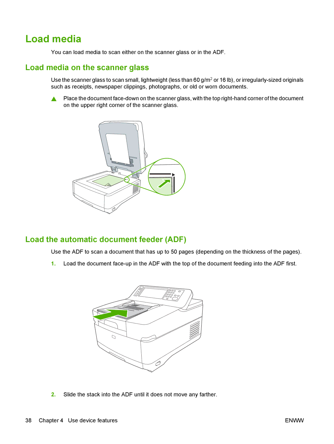 HP 9250C manual Load media on the scanner glass, Load the automatic document feeder ADF 