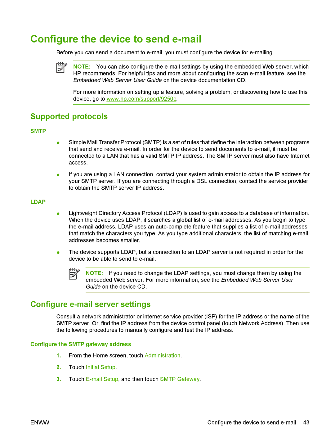 HP 9250C manual Configure the device to send e-mail, Supported protocols, Configure e-mail server settings 