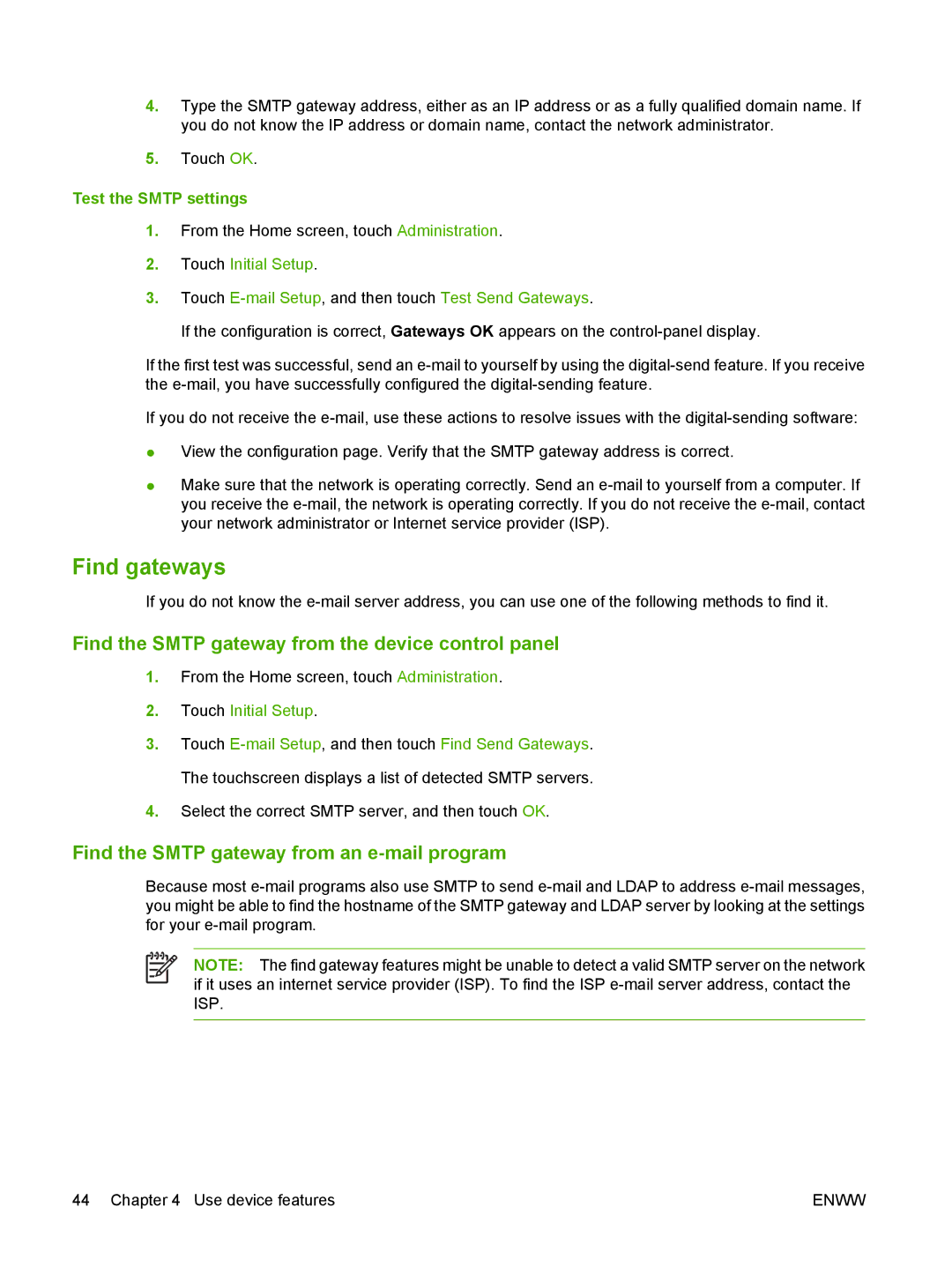 HP 9250C manual Find gateways, Test the Smtp settings 