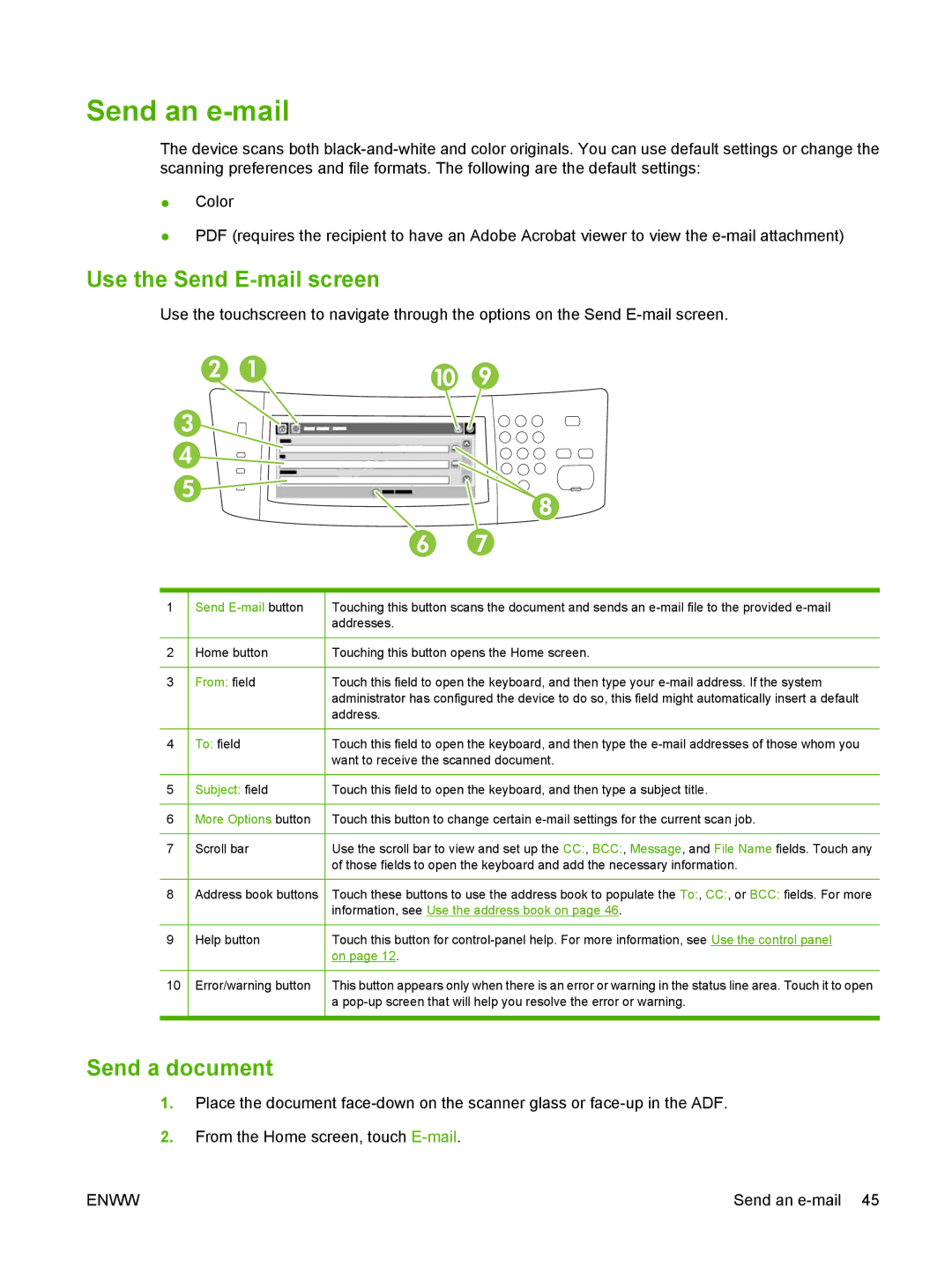 HP 9250C manual Send an e-mail, Use the Send E-mail screen, Send a document 