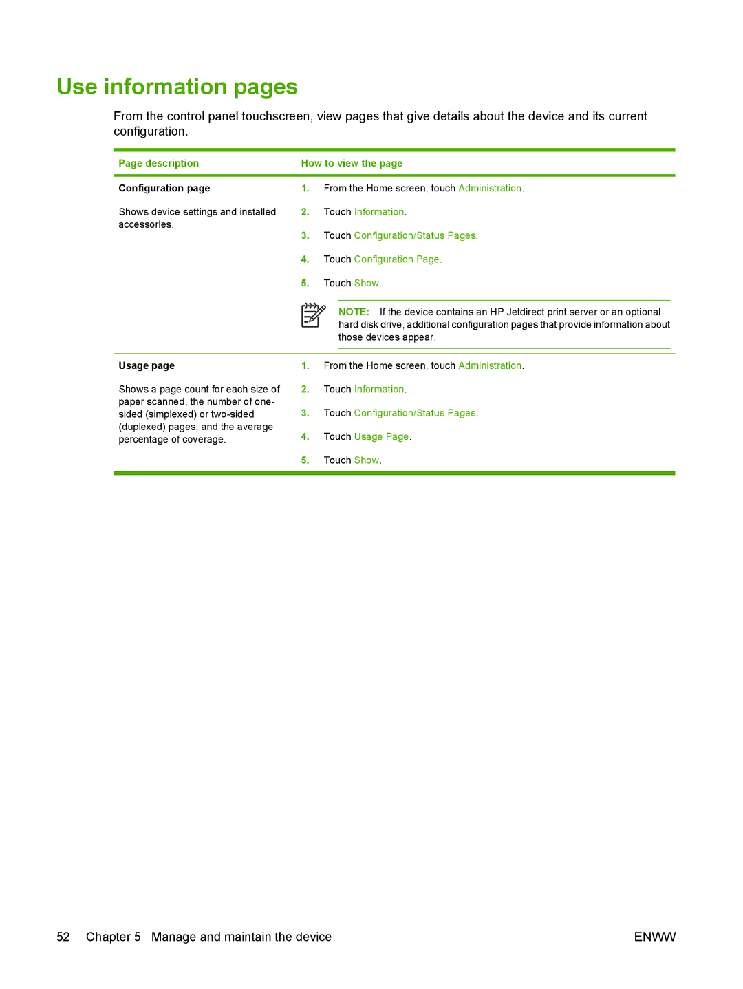 HP 9250C manual Use information pages, Description How to view, Configuration, Usage 