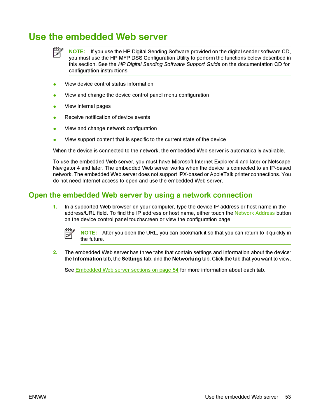 HP 9250C manual Use the embedded Web server, Open the embedded Web server by using a network connection 