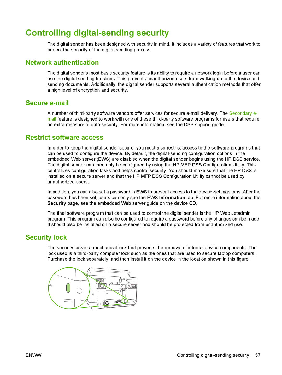 HP 9250C manual Controlling digital-sending security, Network authentication, Secure e-mail, Restrict software access 