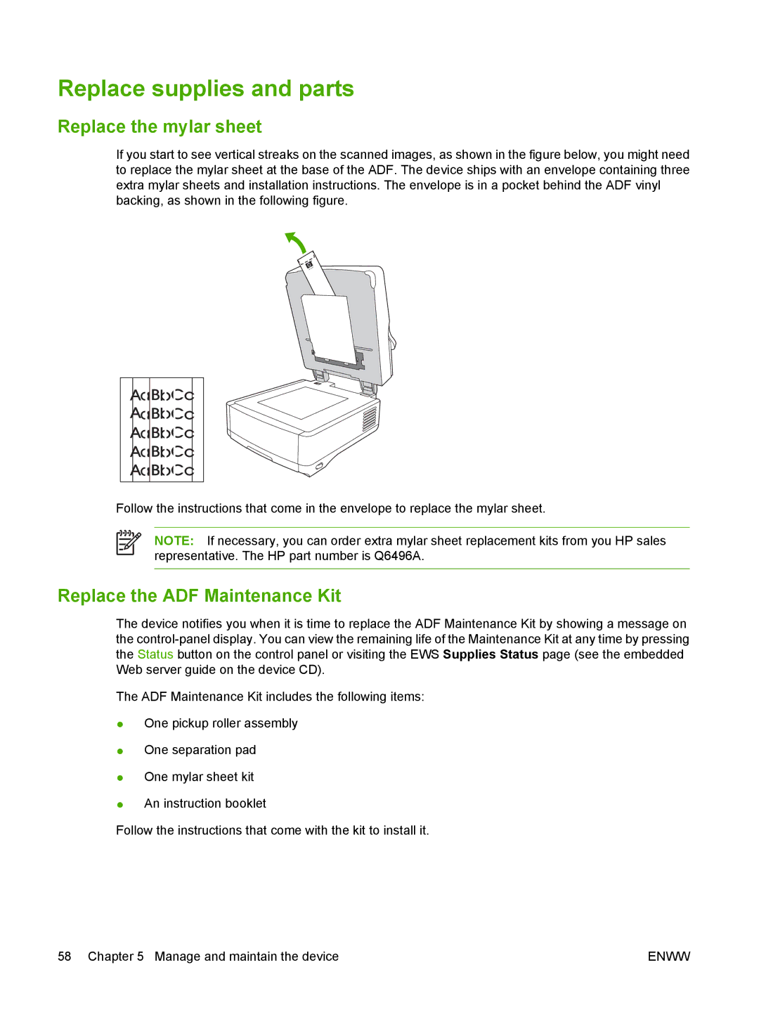 HP 9250C manual Replace supplies and parts, Replace the mylar sheet, Replace the ADF Maintenance Kit 