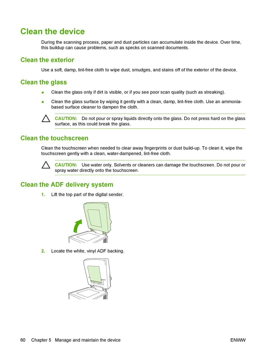 HP 9250C manual Clean the device, Clean the exterior, Clean the glass, Clean the touchscreen, Clean the ADF delivery system 