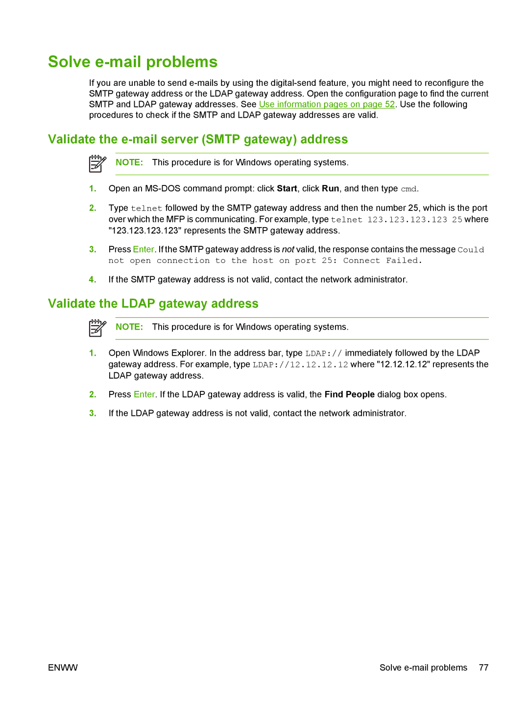 HP 9250C manual Solve e-mail problems, Validate the e-mail server Smtp gateway address, Validate the Ldap gateway address 