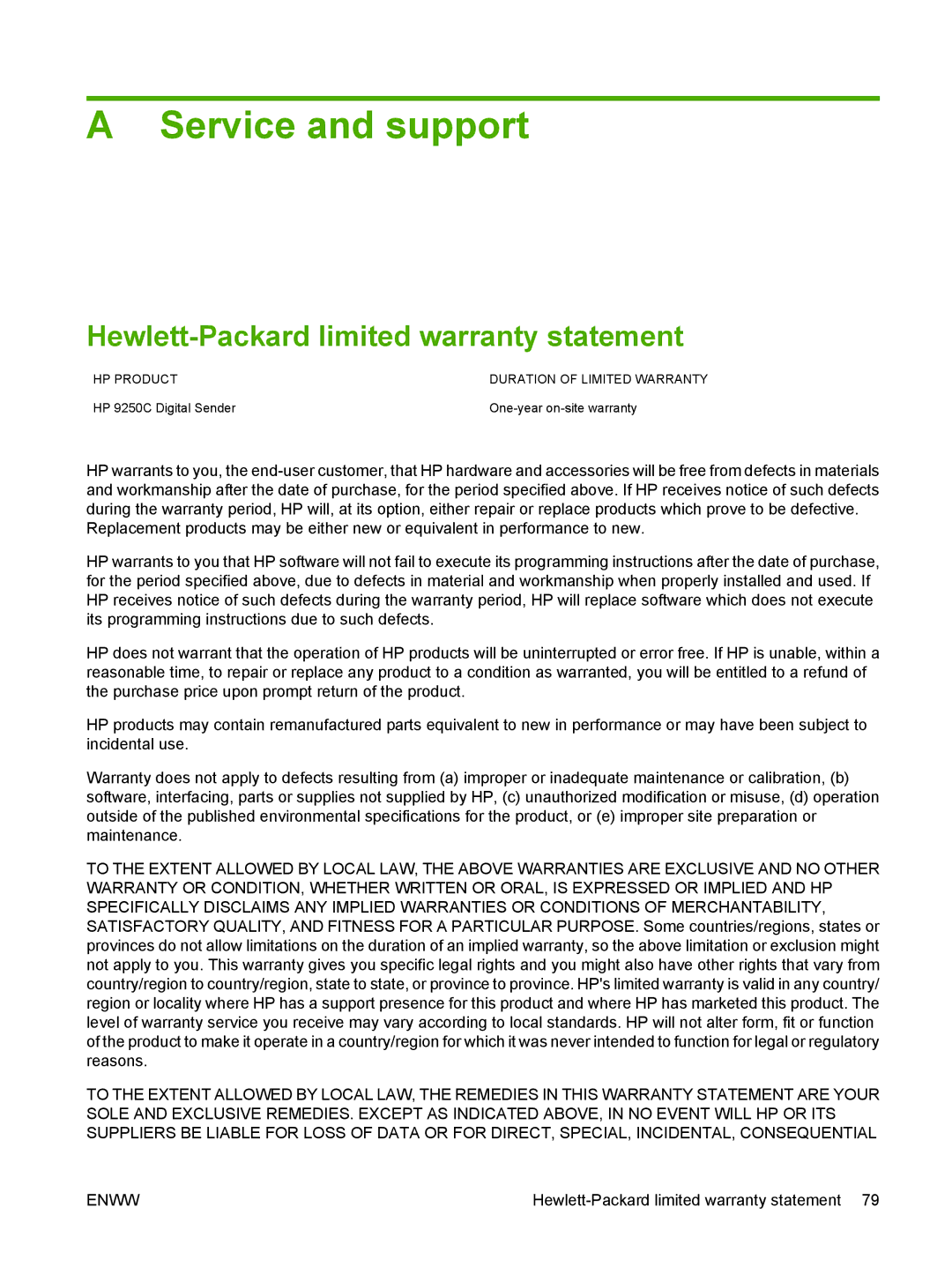 HP 9250C manual Service and support, Hewlett-Packard limited warranty statement 