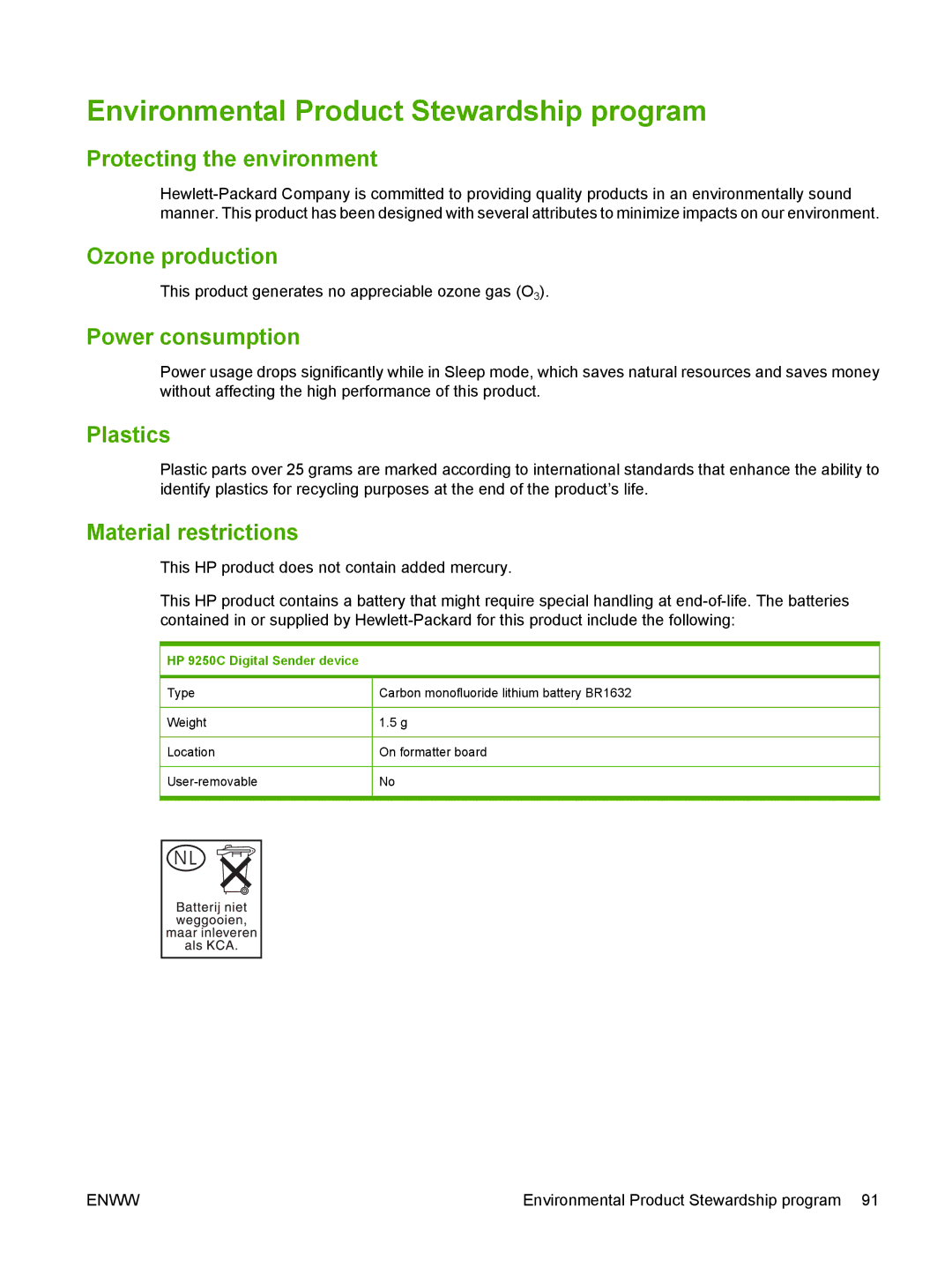 HP 9250C manual Environmental Product Stewardship program 