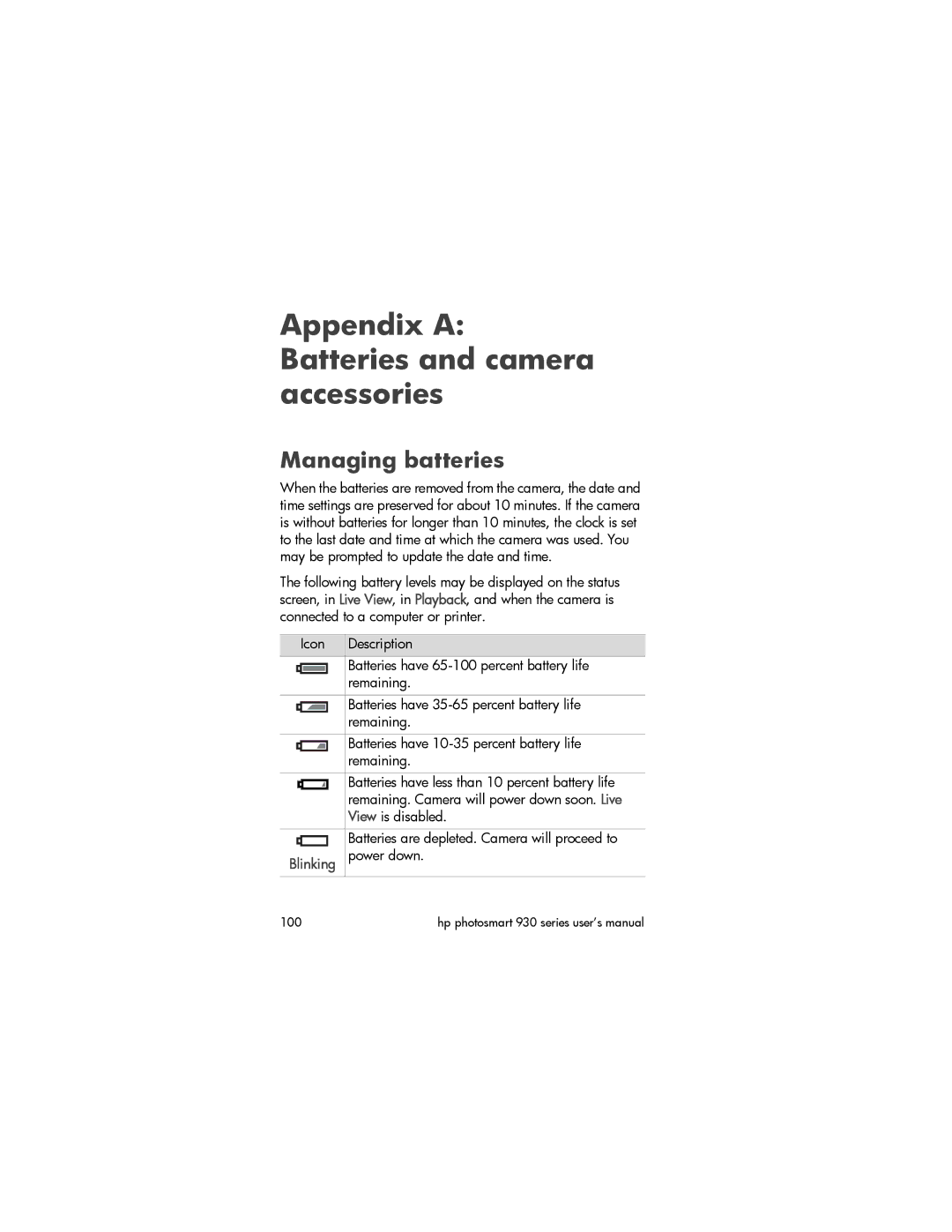 HP 930 manual Appendix a Batteries and camera accessories, Managing batteries 