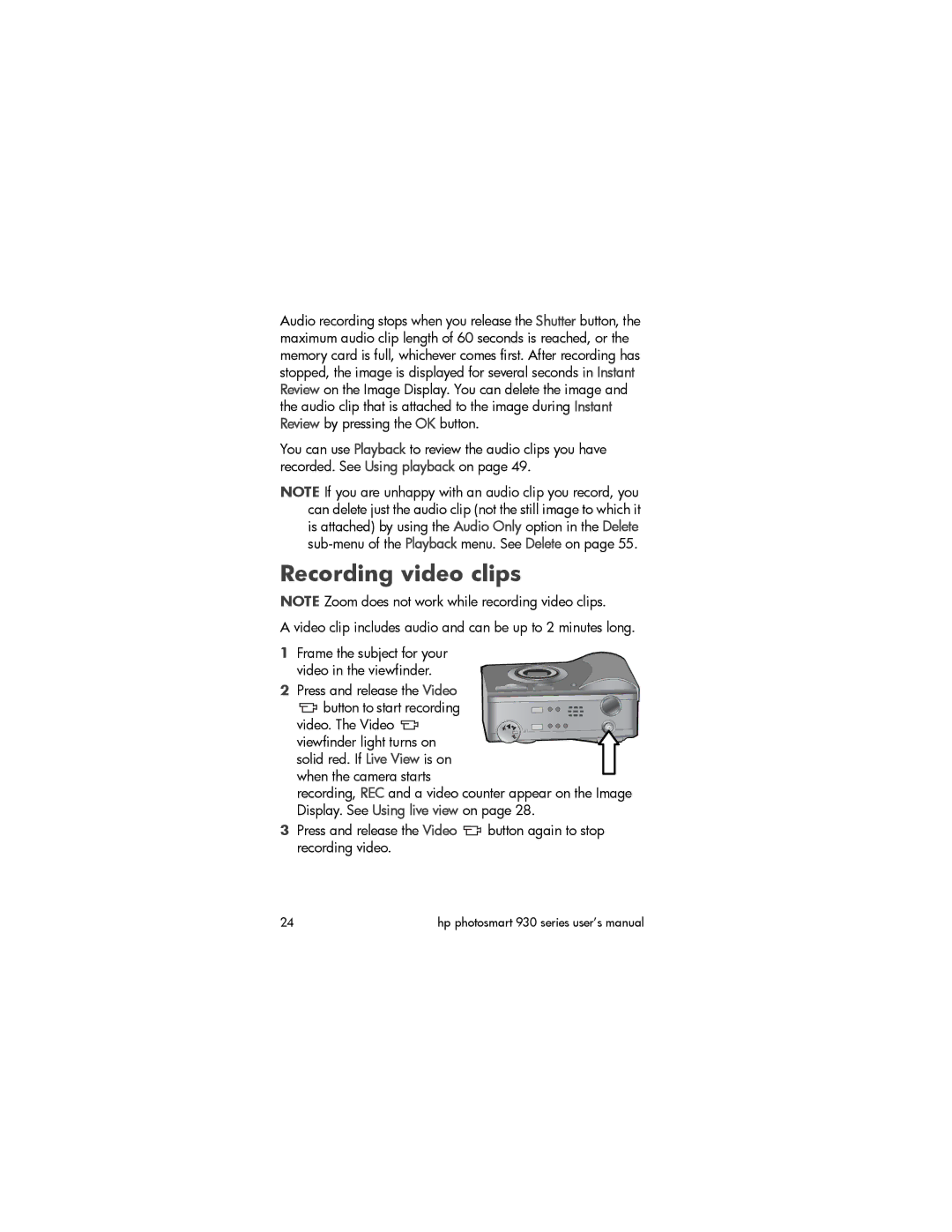 HP 930 manual Recording video clips 