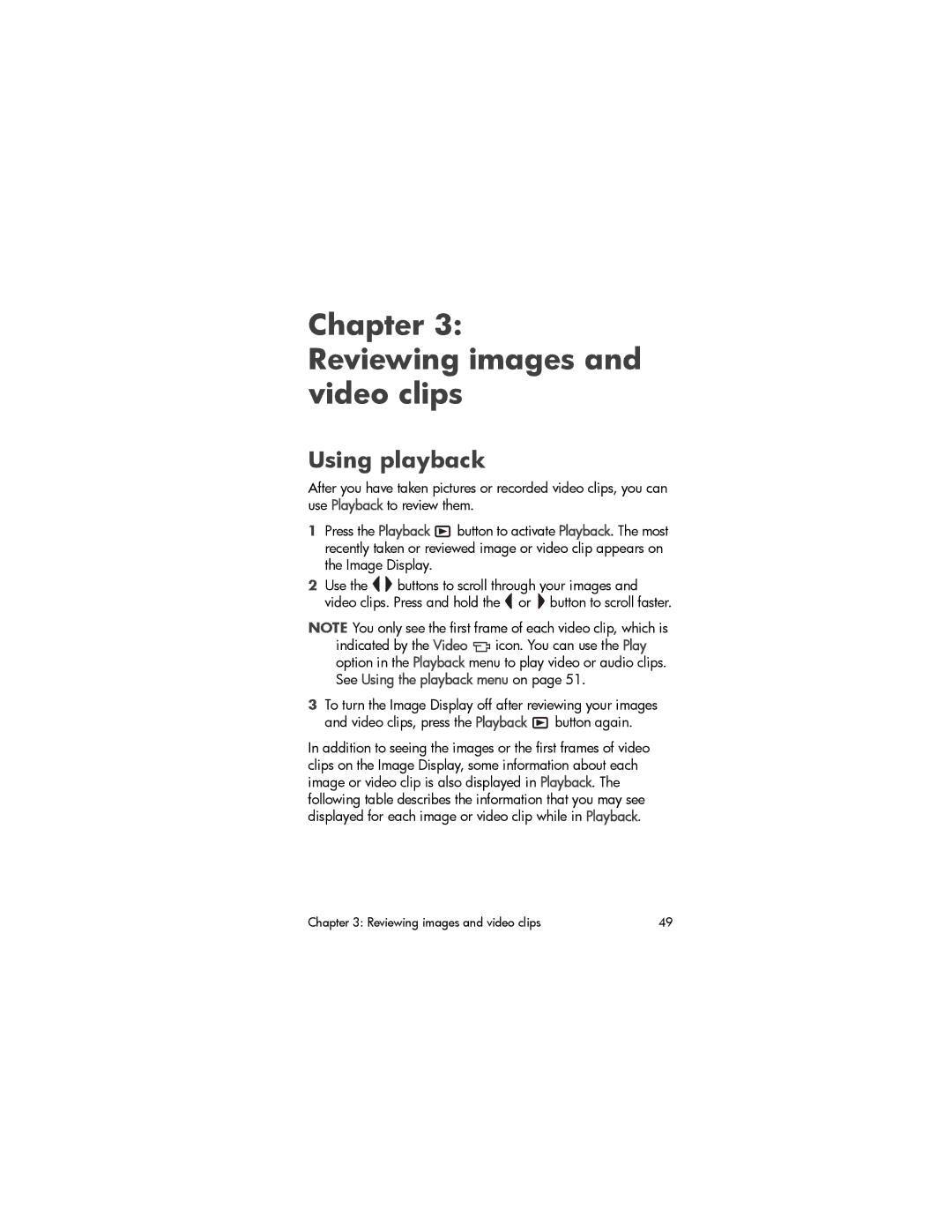 HP 930 manual Chapter Reviewing images and video clips, Using playback 