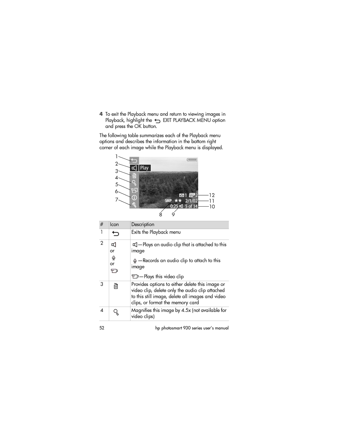 HP 930 manual To exit the Playback menu and return to viewing images, # Icon Description Exits the Playback menu 