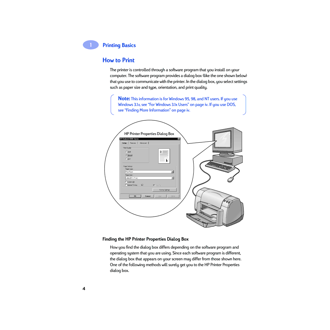 HP 930c manual How to Print, Finding the HP Printer Properties Dialog Box 