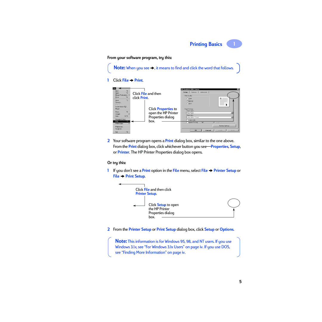 HP 930c manual From your software program, try this, Click File Print, Or try this, Printer Setup 