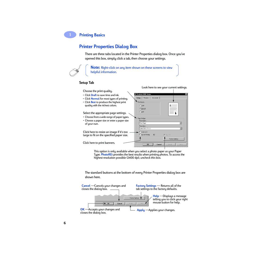 HP 930c manual Printer Properties Dialog Box, Setup Tab, Choose the print quality, Select the appropriate page settings 