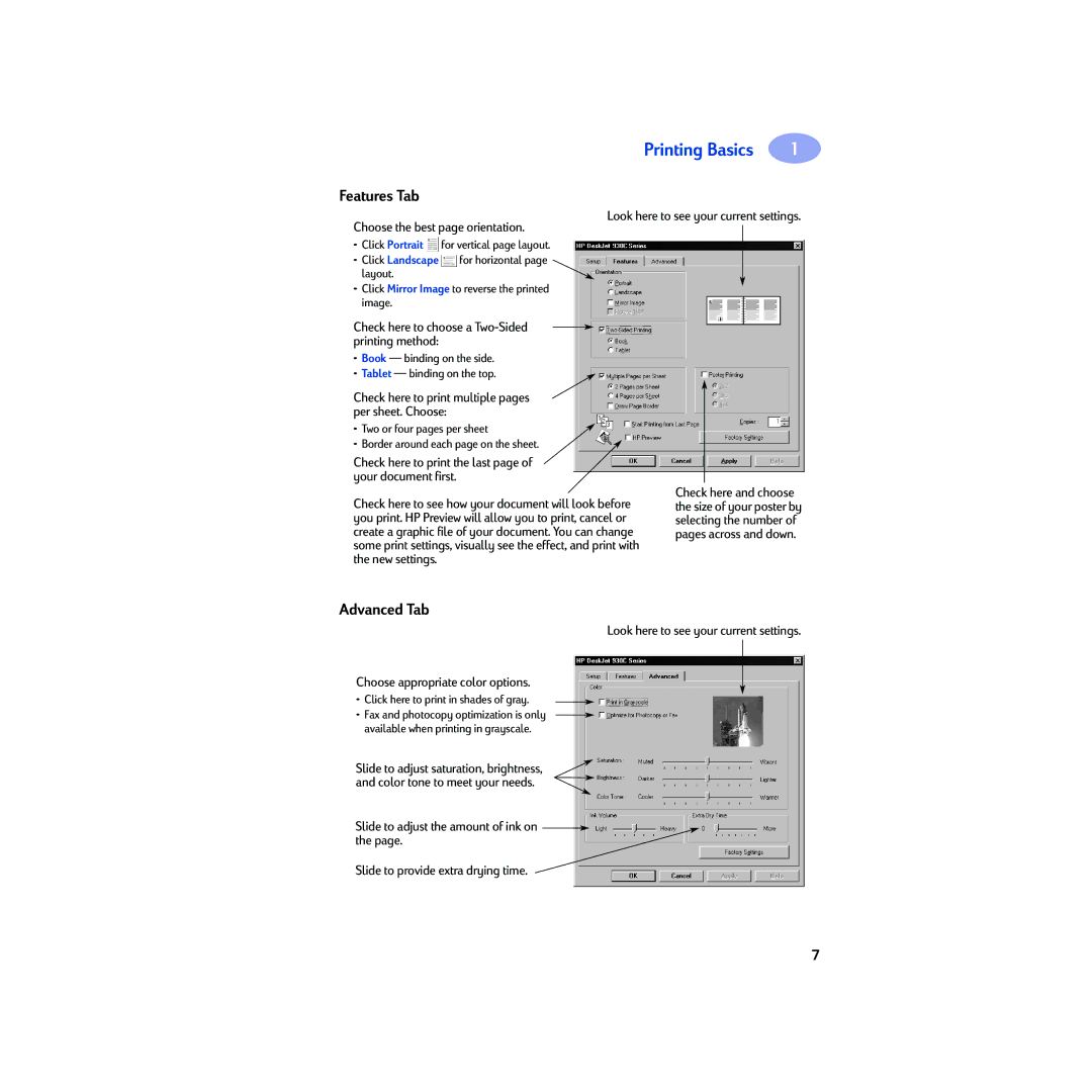 HP 930c manual Features Tab, Advanced Tab, Check here to choose a Two-Sided printing method 