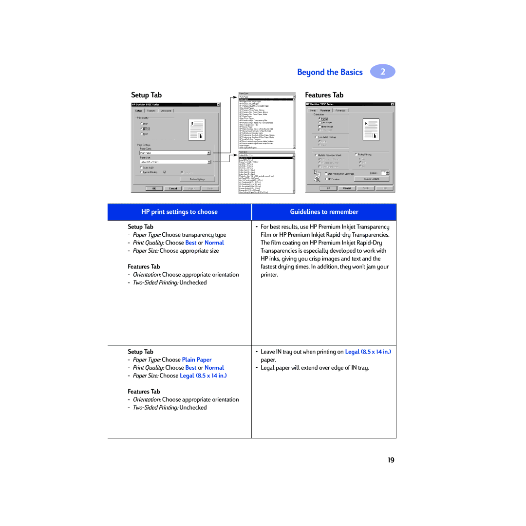 HP 930c manual Paper Type Choose transparency type, Paper Size Choose Legal 8.5 x 14 