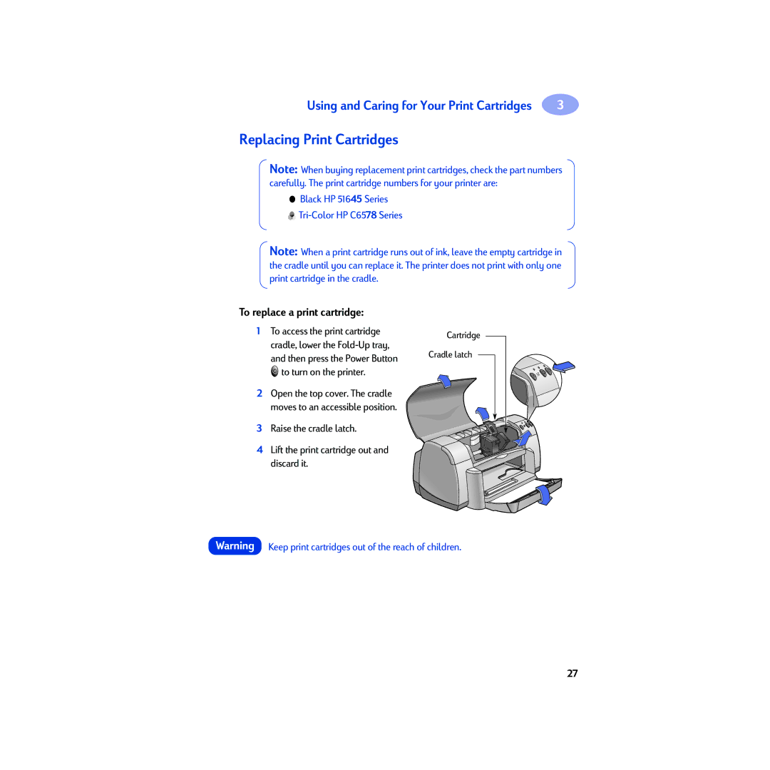 HP 930c manual Replacing Print Cartridges, To replace a print cartridge, Cartridge Cradle latch 