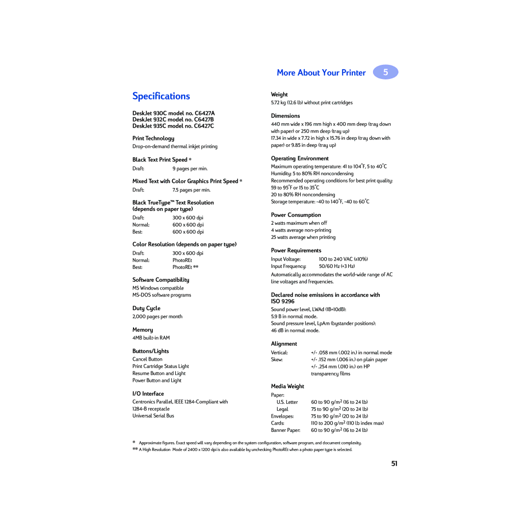 HP 930c manual Specifications, Dimensions 