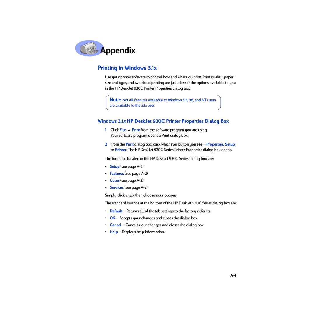 HP 930c manual Appendix, Printing in Windows 
