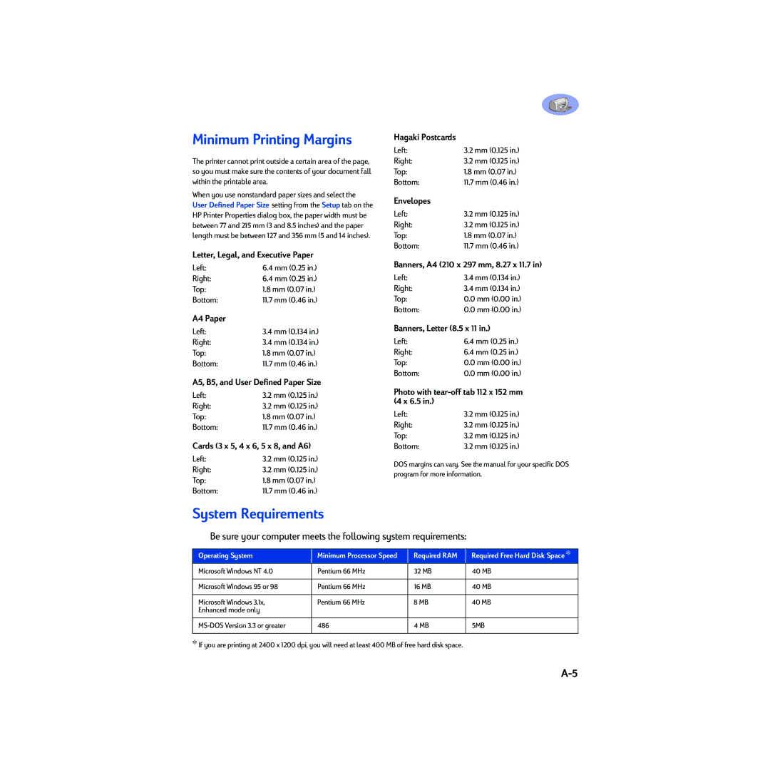 HP 930c manual Minimum Printing Margins, System Requirements 