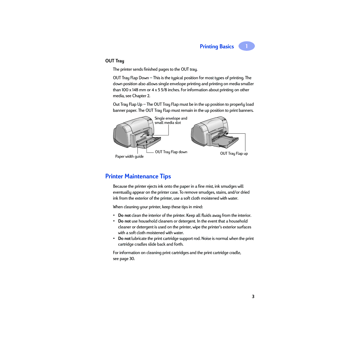 HP 930c manual Printer Maintenance Tips, Single envelope and small media slot OUT Tray Flap down 