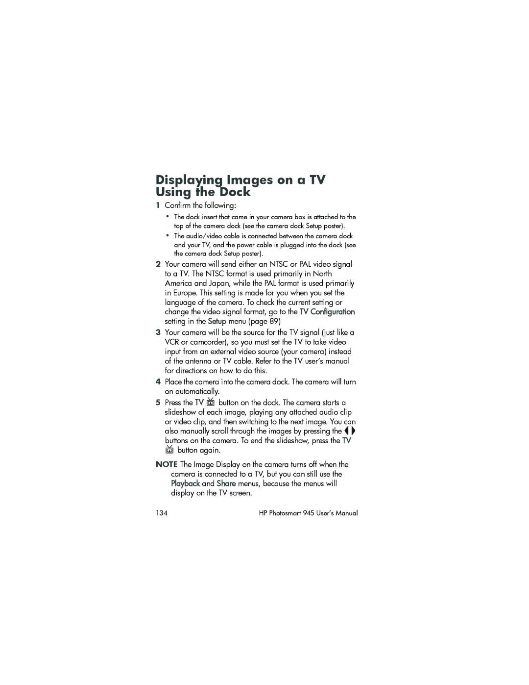 HP 945 manual Displaying Images on a TV Using the Dock 