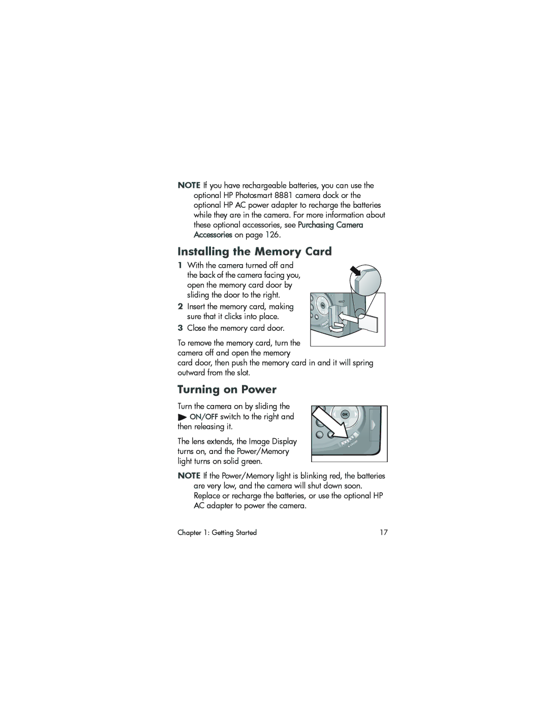 HP 945 manual Installing the Memory Card, Turning on Power 