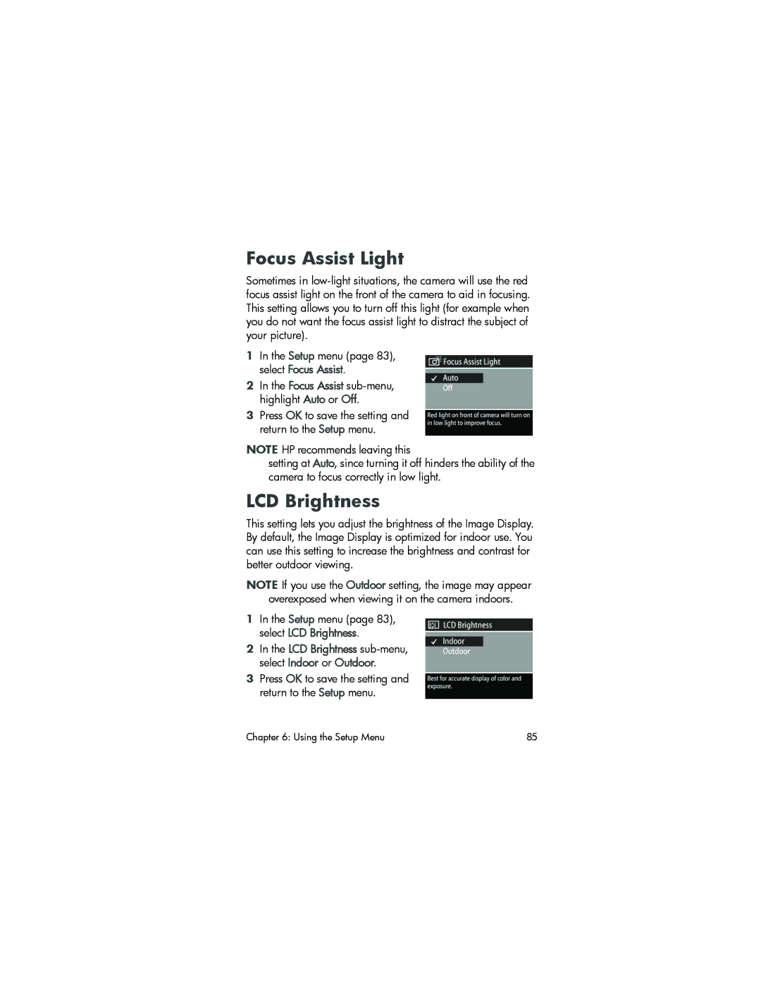 HP 945 manual Focus Assist Light, LCD Brightness 