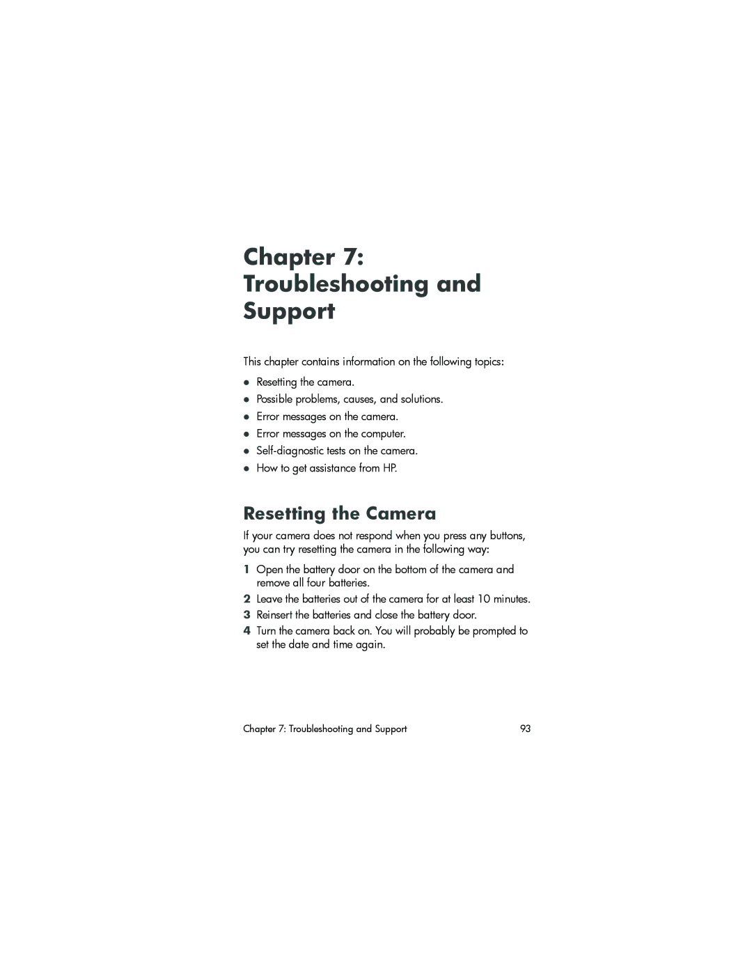 HP 945 manual Chapter Troubleshooting Support, Resetting the Camera 