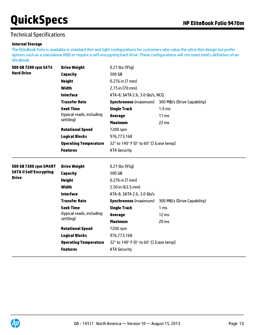 HP 9470M C7Q19AW#ABA Internal Storage, 500 GB 7200 rpm Sata Hard Drive Drive Weight, Capacity, Height, Width, Interface 