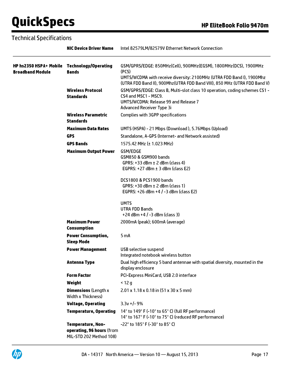 HP 9470M C7Q19AW#ABA manual Technology/Operating, Broadband Module Bands, Wireless Protocol, Standards, Wireless Parametric 