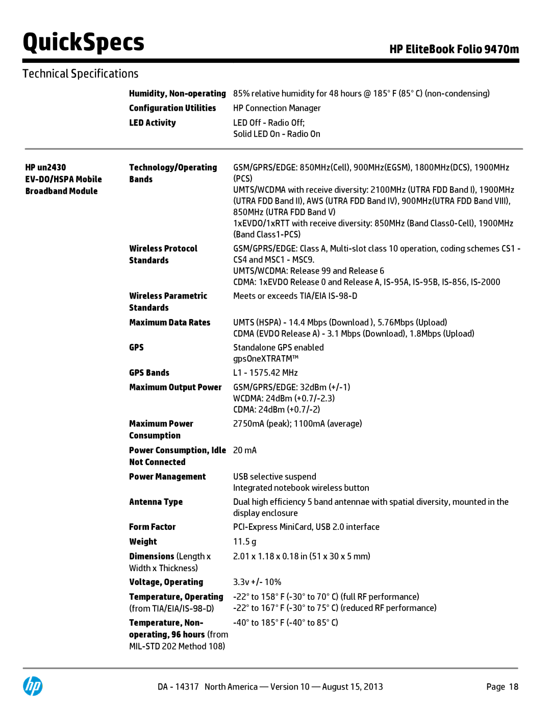 HP 9470M C7Q19AW#ABA manual Configuration Utilities, LED Activity, HP un2430 Technology/Operating, EV-DO/HSPA Mobile Bands 