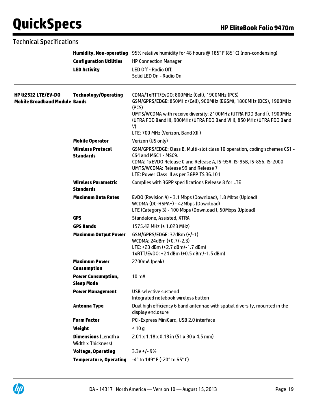 HP 9470M C7Q19AW#ABA manual HP lt2522 LTE/EV-DO Technology/Operating, Mobile Broadband Module Bands, Mobile Operator 