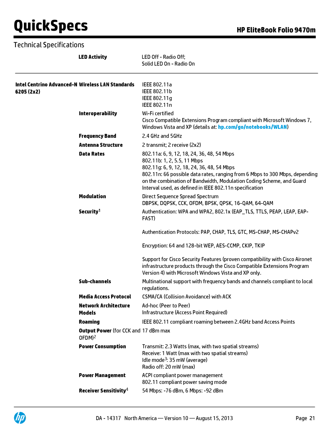 HP 9470M C7Q19AW#ABA 6205, Interoperability, Frequency Band, Antenna Structure, Data Rates, Modulation, Security, Models 