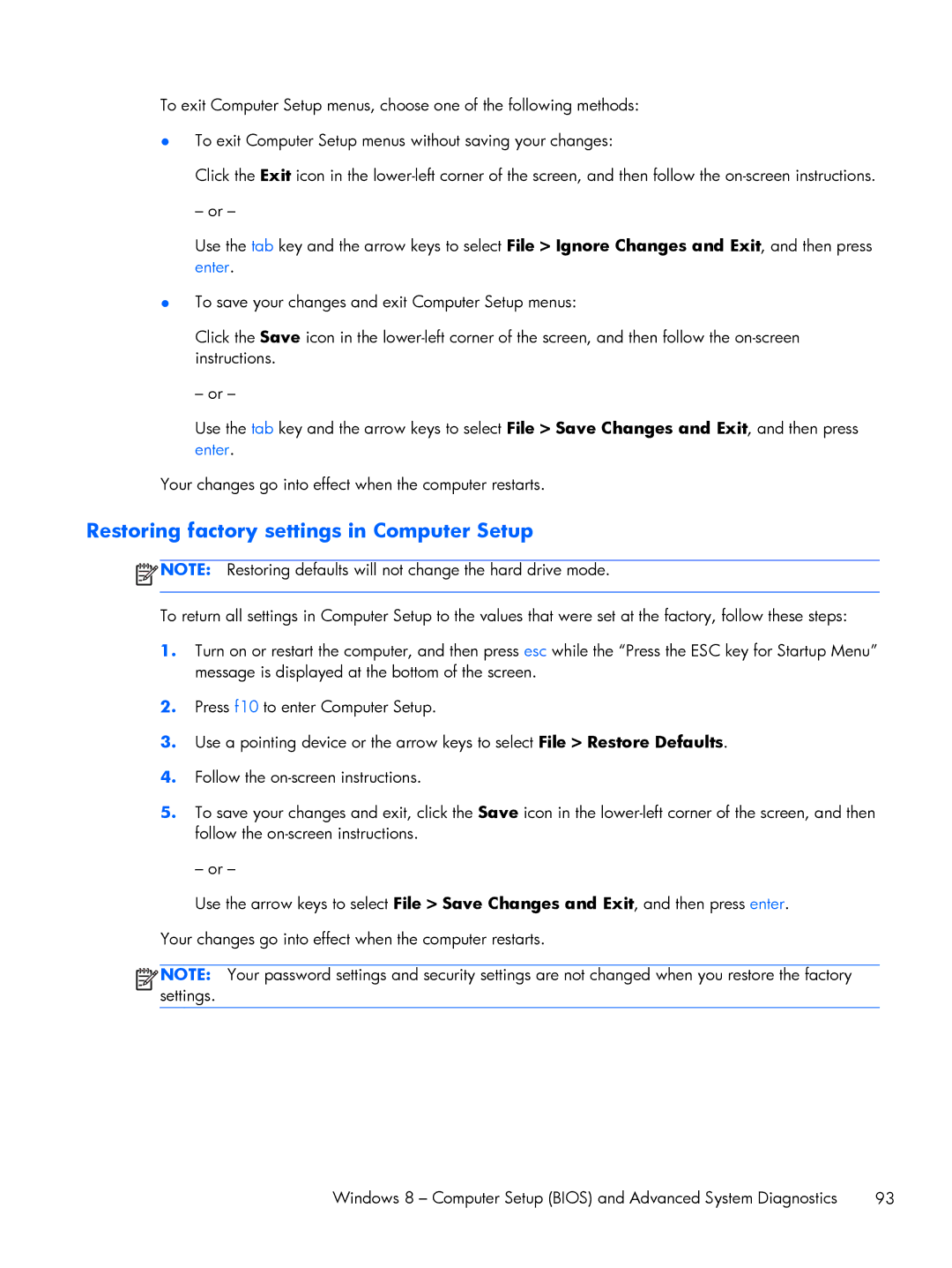 HP 9470m i7 Win8 D3K33UT#ABA manual Restoring factory settings in Computer Setup 