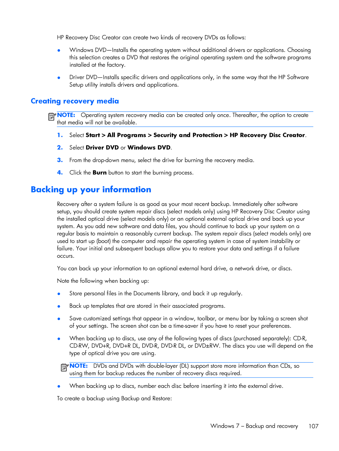 HP 9470m i7 Win8 D3K33UT#ABA manual Backing up your information, Creating recovery media 