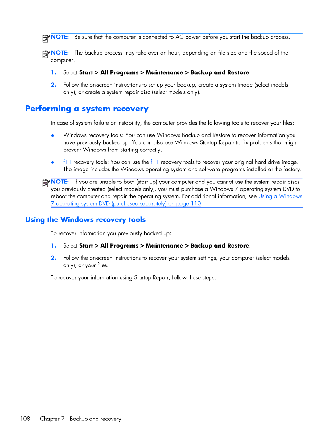 HP 9470m i7 Win8 D3K33UT#ABA manual Performing a system recovery, Using the Windows recovery tools 