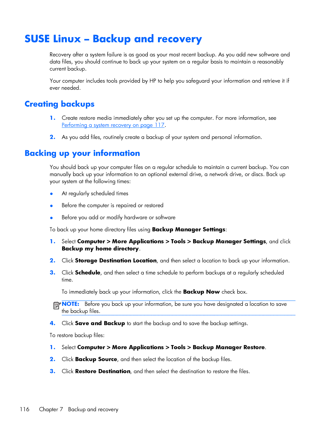 HP 9470m i7 Win8 D3K33UT#ABA manual Suse Linux Backup and recovery, Creating backups 