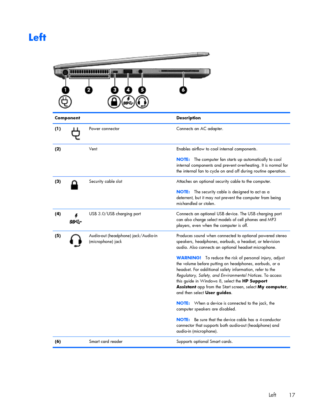 HP 9470m i7 Win8 D3K33UT#ABA manual Left, Regulatory, Safety, and Environmental Notices . To access 