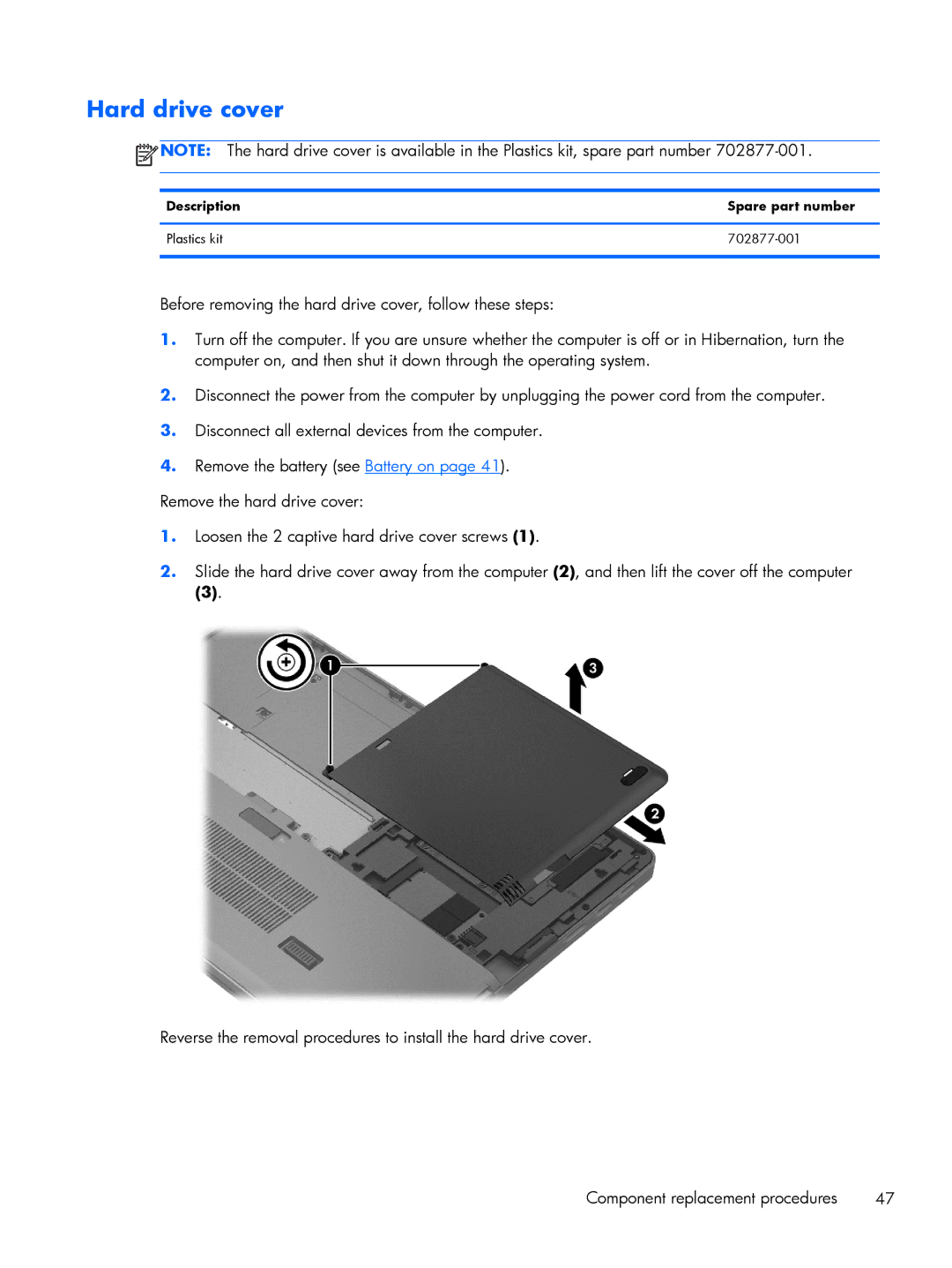 HP 9470m i7 Win8 D3K33UT#ABA manual Hard drive cover, Description Spare part number Plastics kit 702877-001 