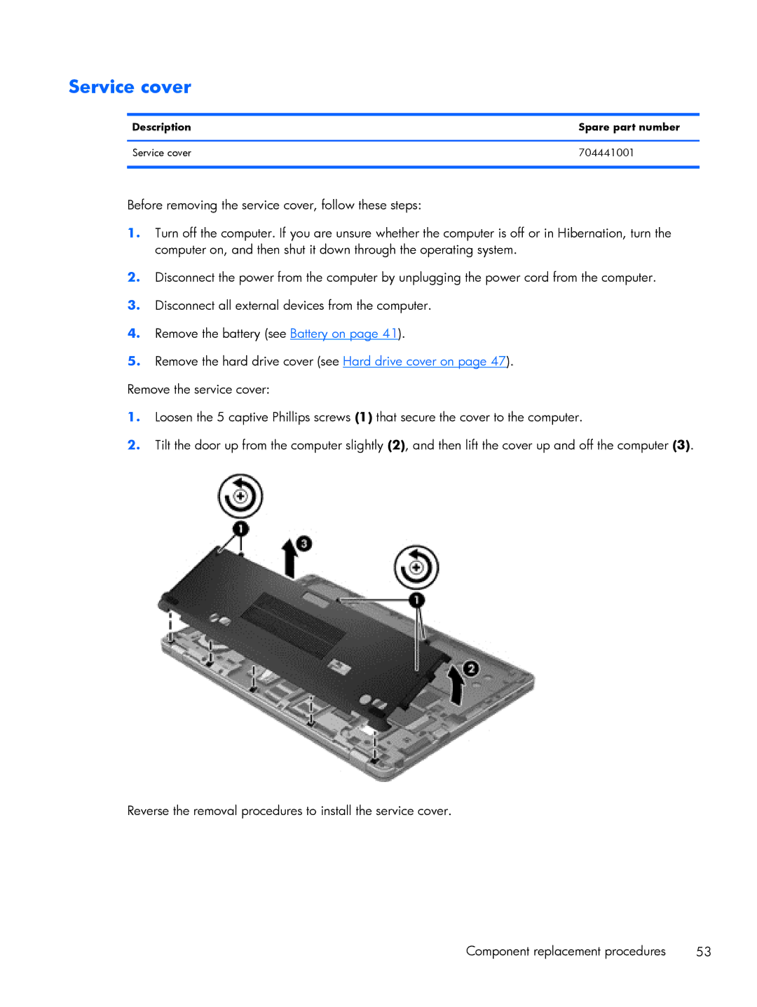 HP 9470m i7 Win8 D3K33UT#ABA manual Description Spare part number Service cover 704441001 