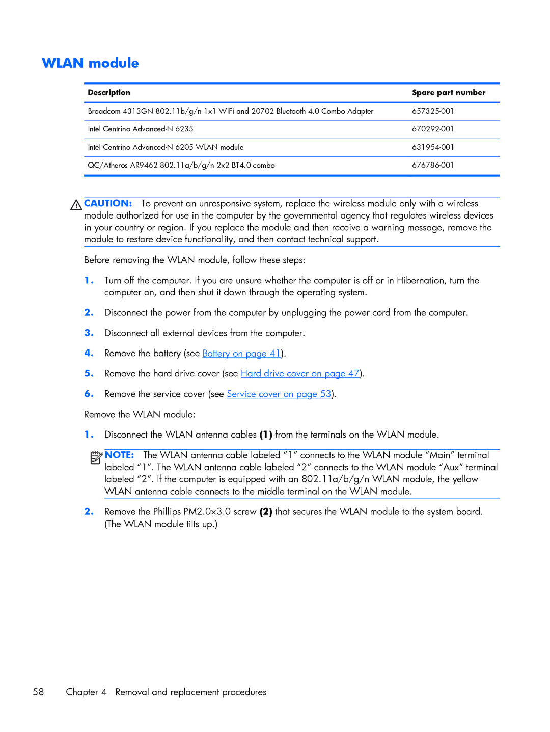 HP 9470m i7 Win8 D3K33UT#ABA manual Wlan module 