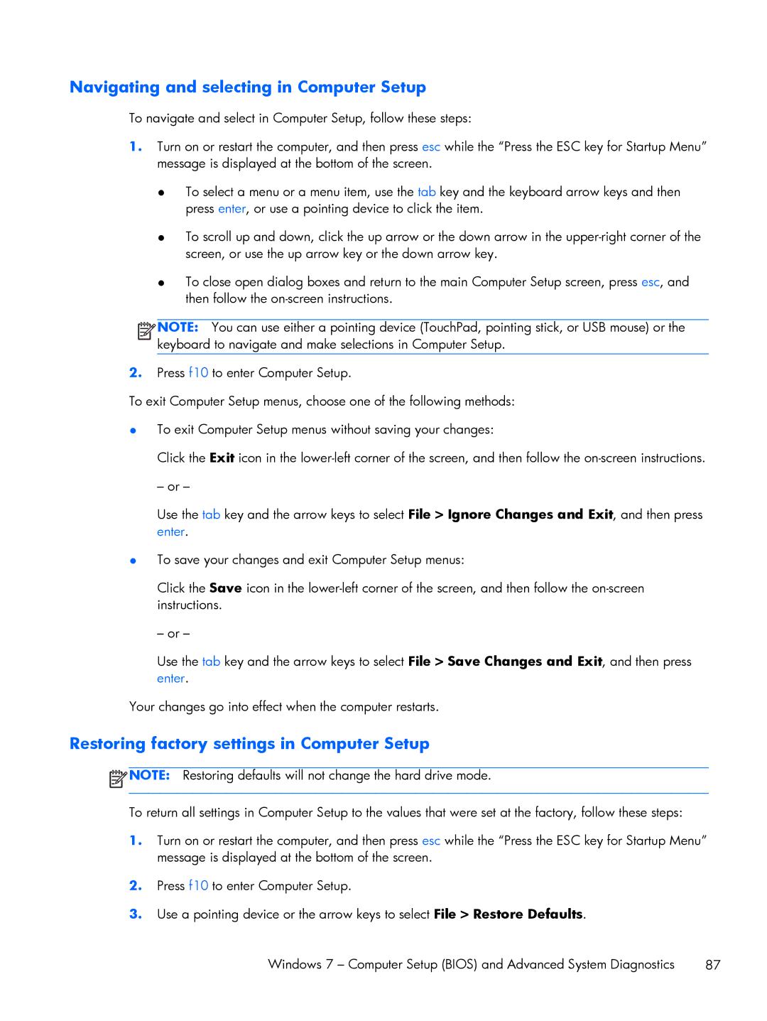 HP 9470m i7 Win8 D3K33UT#ABA Navigating and selecting in Computer Setup, Restoring factory settings in Computer Setup 