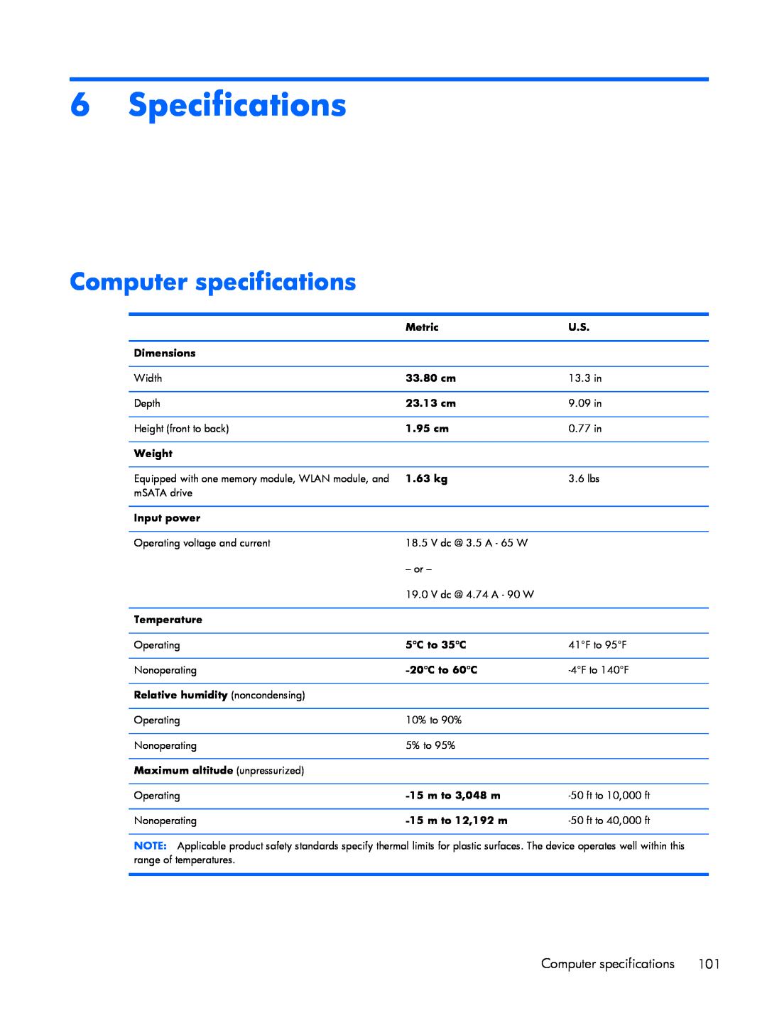 HP 9470m i7 Win8 D3K33UT#ABA Specifications, Computer specifications, Metric, Dimensions, 33.80 cm, 23.13 cm, 1.95 cm 