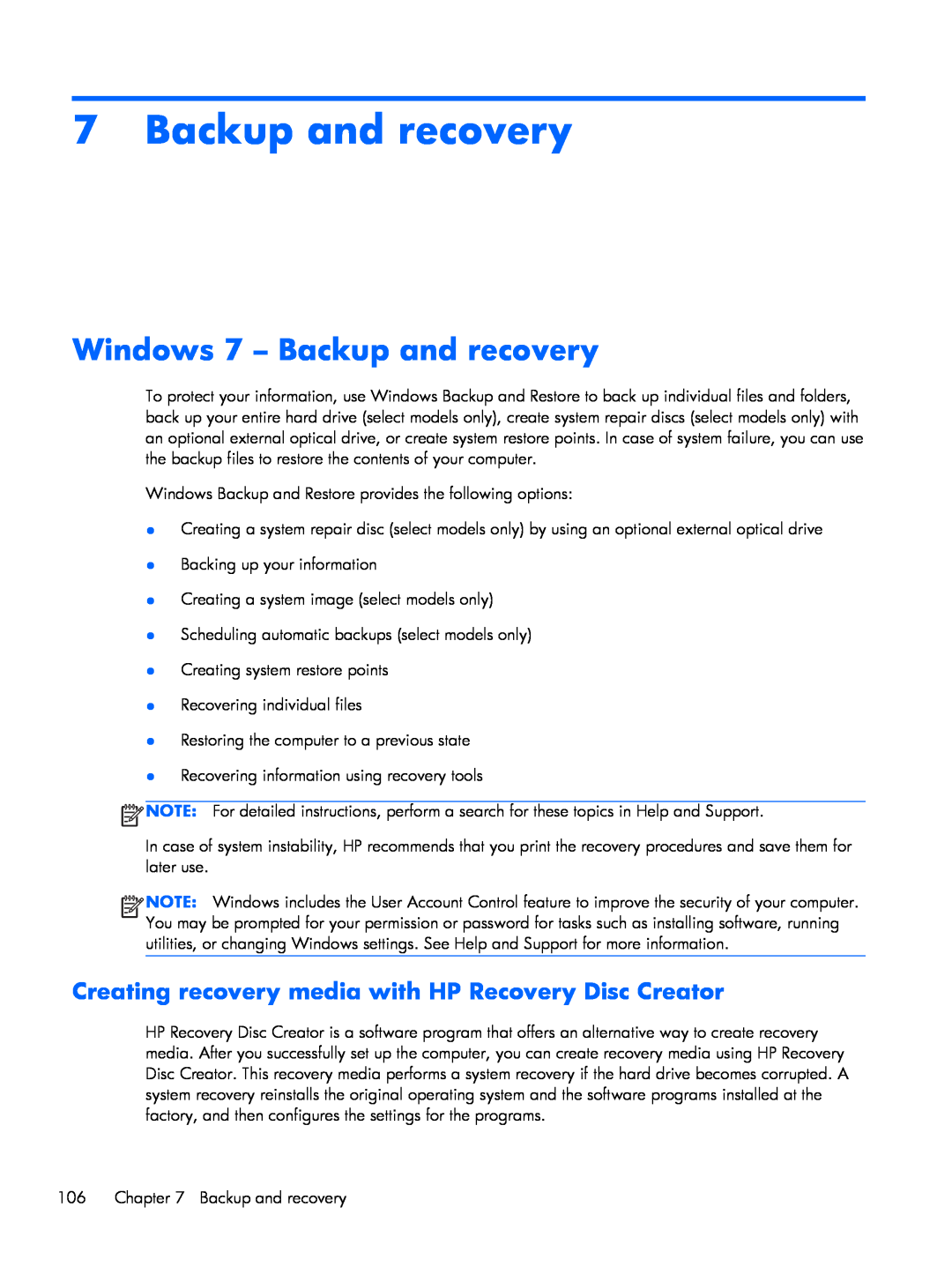 HP 9470m i7 Win8 D3K33UT#ABA Windows 7 - Backup and recovery, Creating recovery media with HP Recovery Disc Creator 